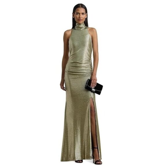 295$ Lauren Ralph Lauren Retleah Gown Maxi Dress Size 8 Olive Grove Gold Foil - Picture 1 of 3